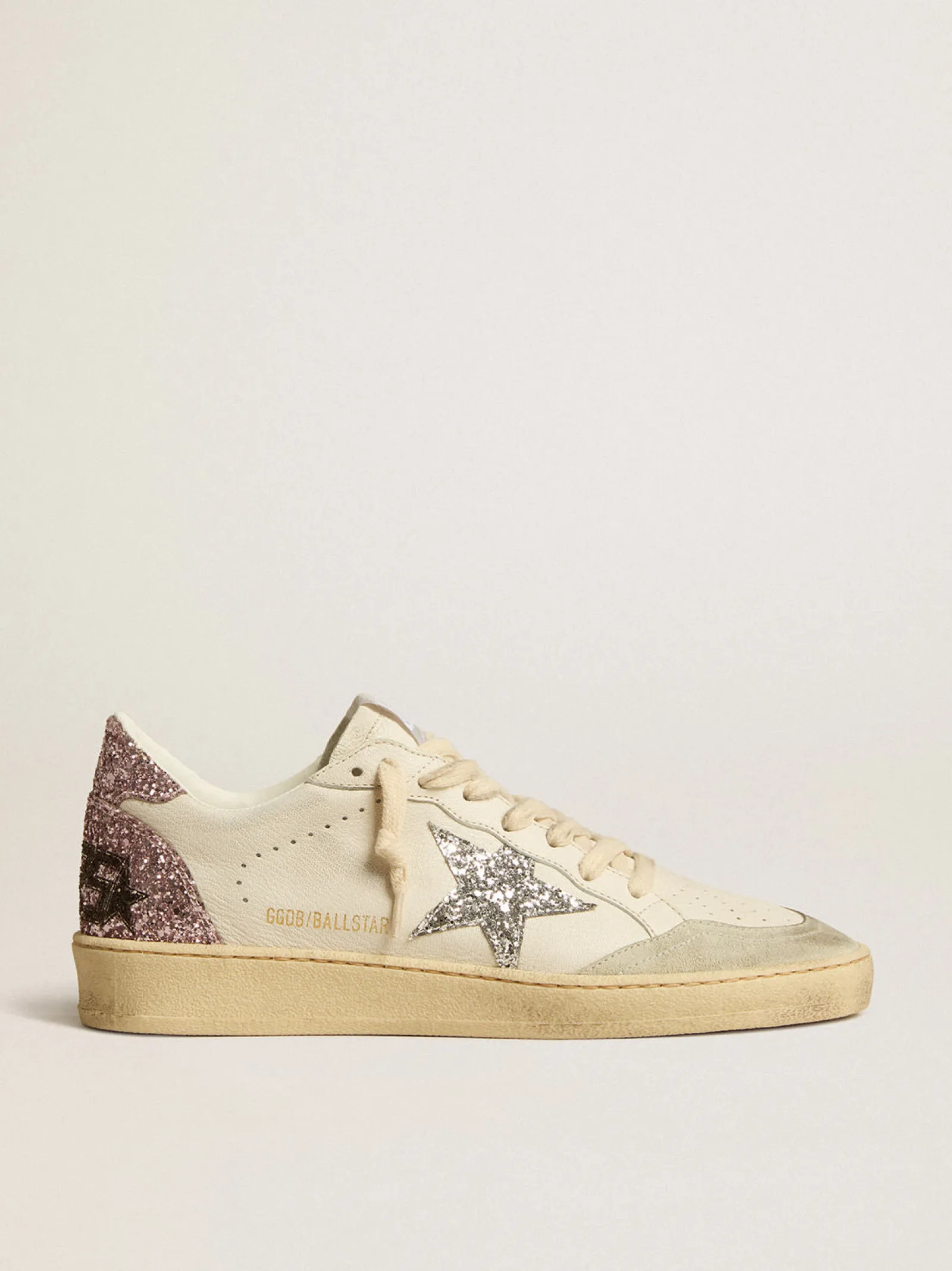 Online Golden Goose Ball Star com estrela de glitter prateado e talão de glitter rosa Cabedal de napa branca