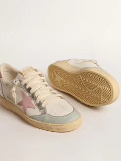 Best Golden Goose Ball Star com estrela de suede rosa e inserções de couro metálico Cabedal de napa cor creme