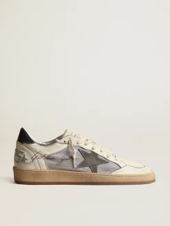New Golden Goose Ball Star de napa e náilon reflex com estrela de suede cinza-escuro Cabedal de napa branco sujo e náilon cinza reflex