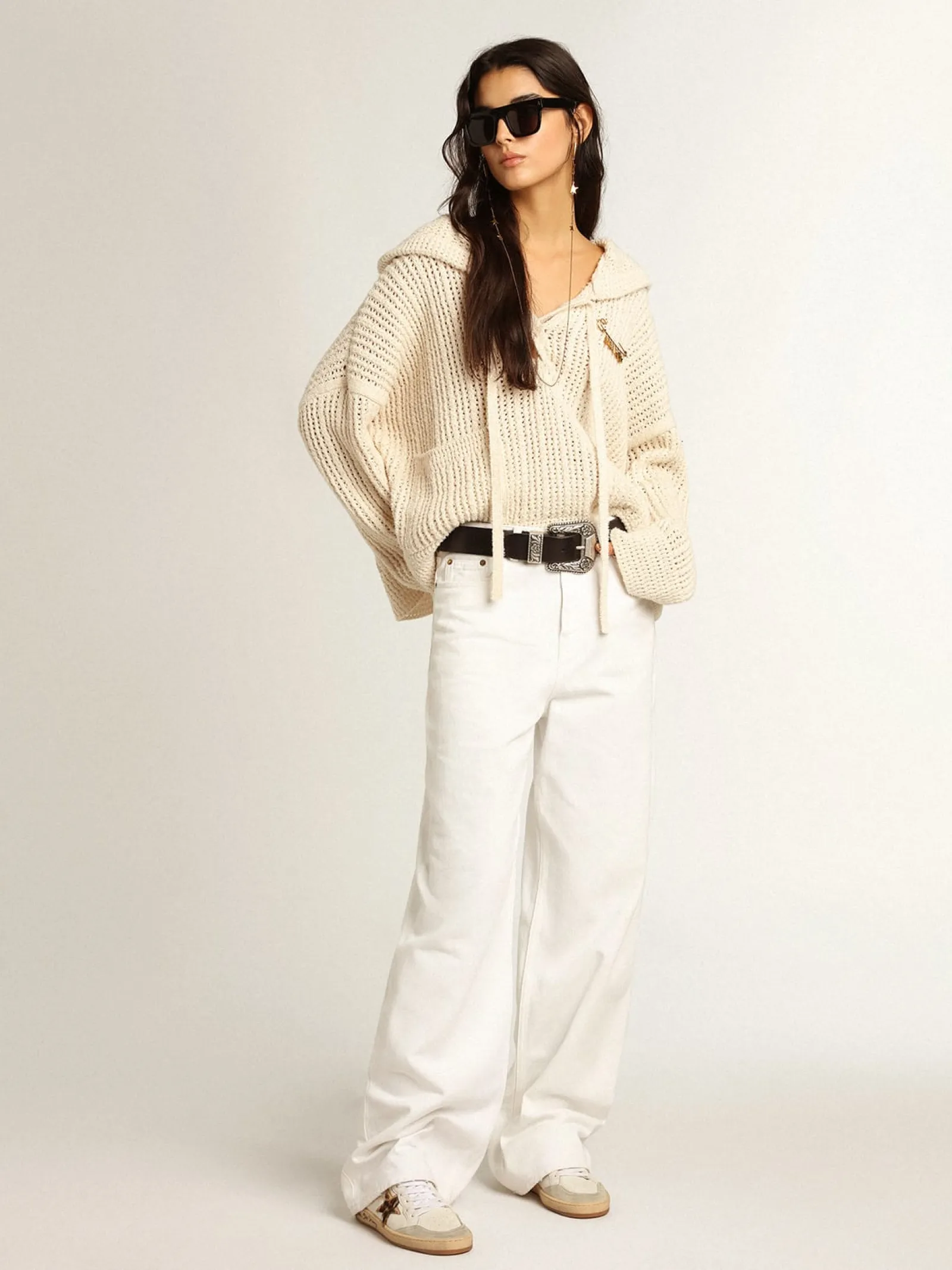 Cheap Golden Goose Ball Star feminino com estrela de couro cavalinho leopardo e talão preto Cabedal de napa branca