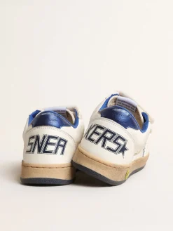 Fashion Golden Goose Ball Star Junior com estrela e talão de couro metálico azul Cabedal de napa branca