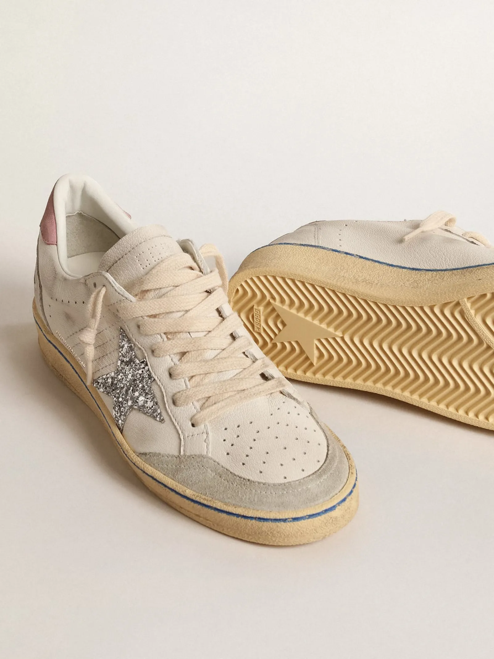 Clearance Golden Goose Ball Star LTD com estrela de glitter e talão de suede rosa Cabedal de napa branca