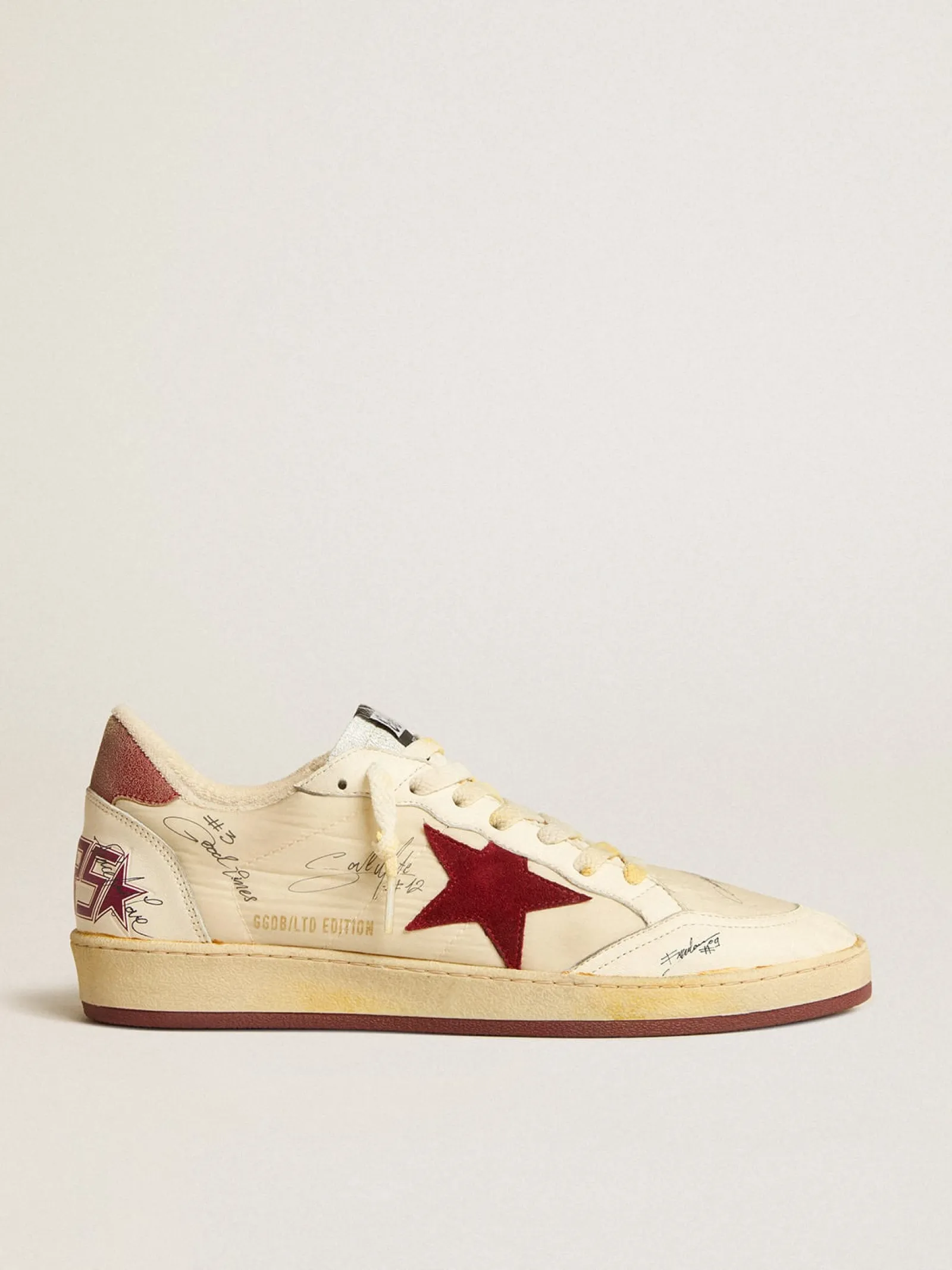 Online Golden Goose Ball Star LTD de náilon com estrela de suede cor de romã e talão de couro Cabedal de náilon bege