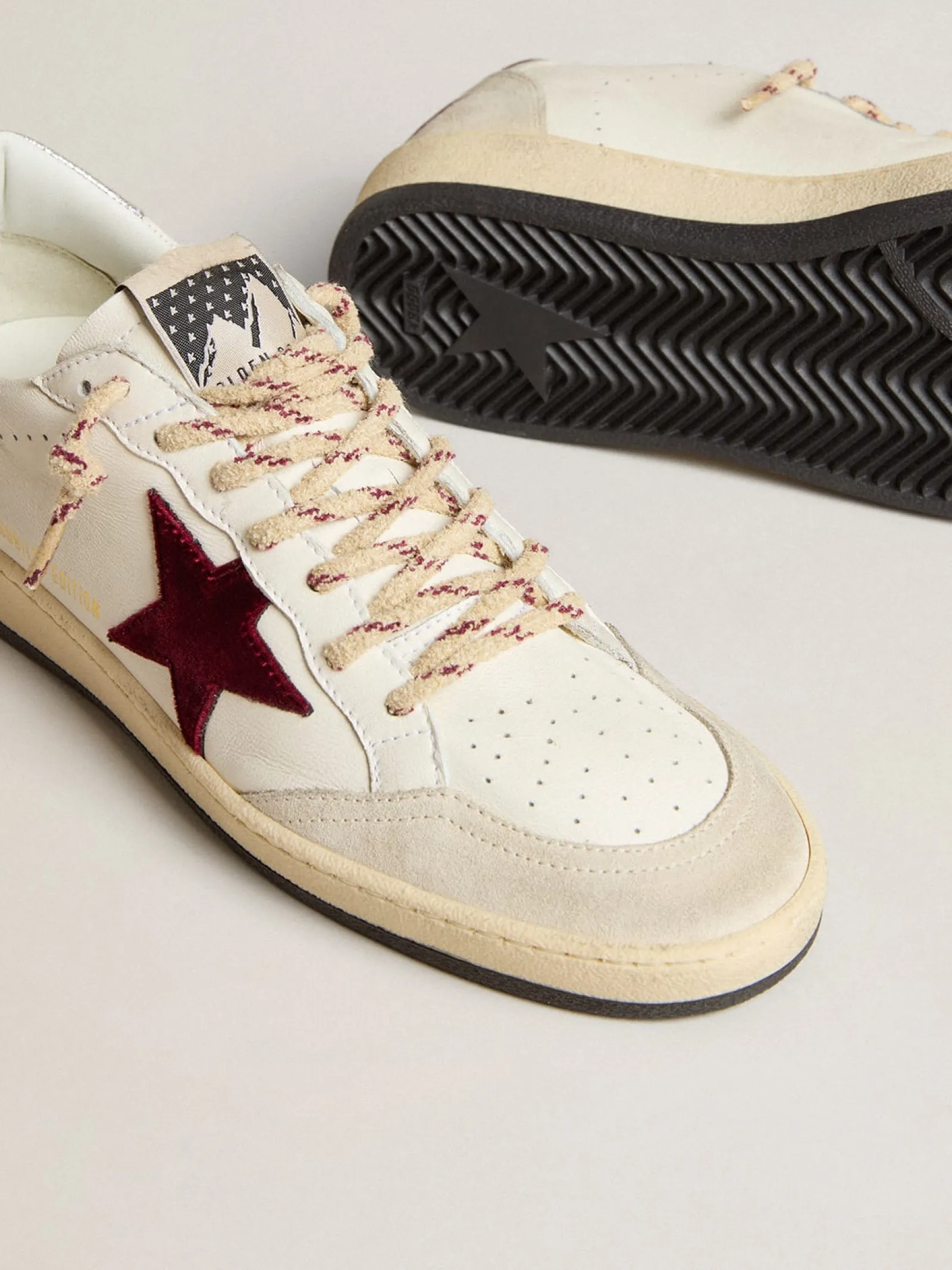 Hot Golden Goose Ball Star Mountain Masculino LTD de couro com estrela de veludo bordô Cabedal de couro branco