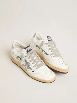 Shop Golden Goose Ball Star Wishes Feminino de napa com estrela branca e talão com glitter Cabedal de napa branca