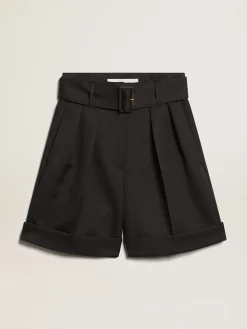Sale Golden Goose Bermuda feminina de gabardine de lã preta com cinto Cor: preto