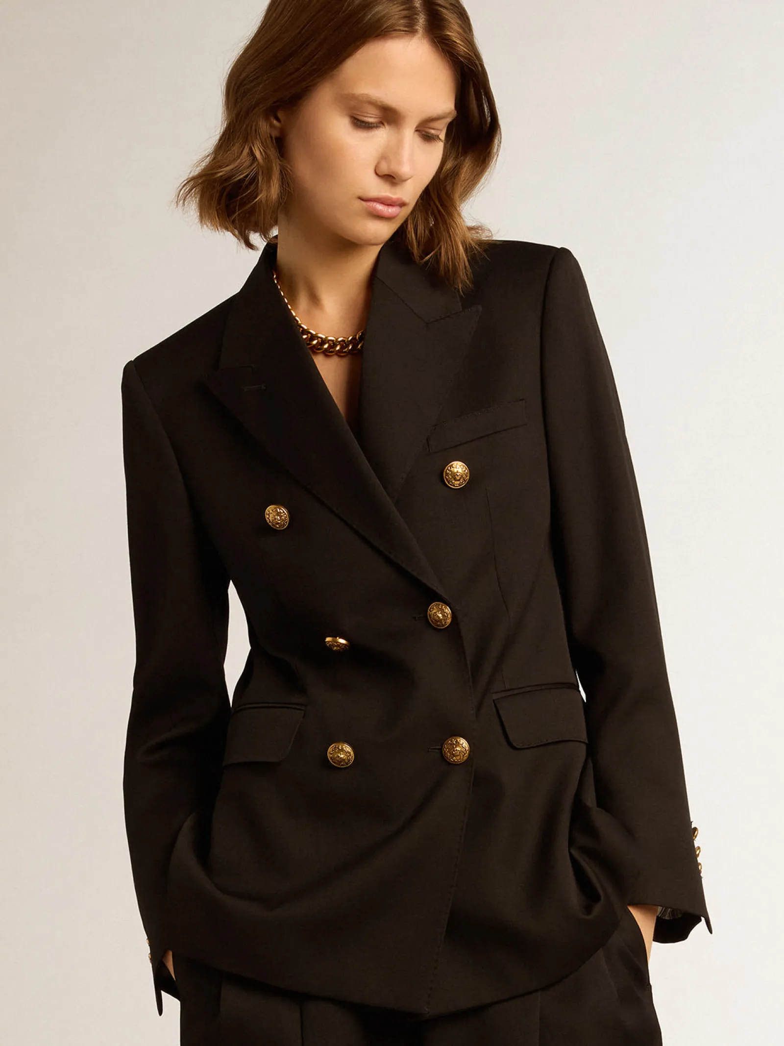 Outlet Golden Goose Blazer feminino de abotoamento duplo preto Coleção Golden