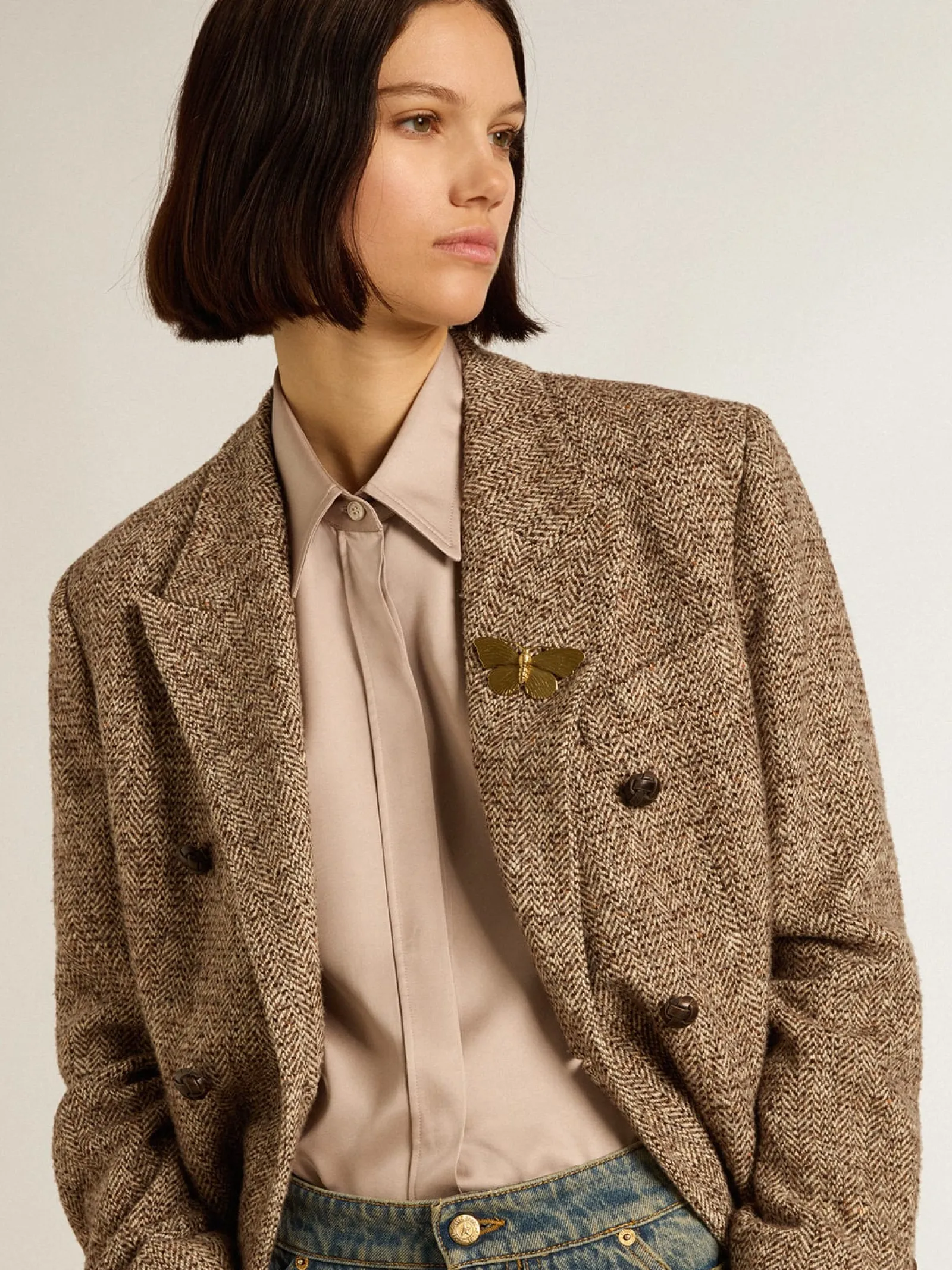 Cheap Golden Goose Blazer feminino de abotoamento duplo marrom com fecho com botões Coleção Journey