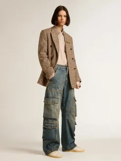 Cheap Golden Goose Blazer feminino de abotoamento duplo marrom com fecho com botões Coleção Journey