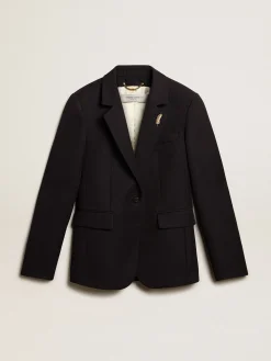 Best Sale Golden Goose Blazer feminino de abotoamento simples de gabardine de lã azul-escuro Golden Collection