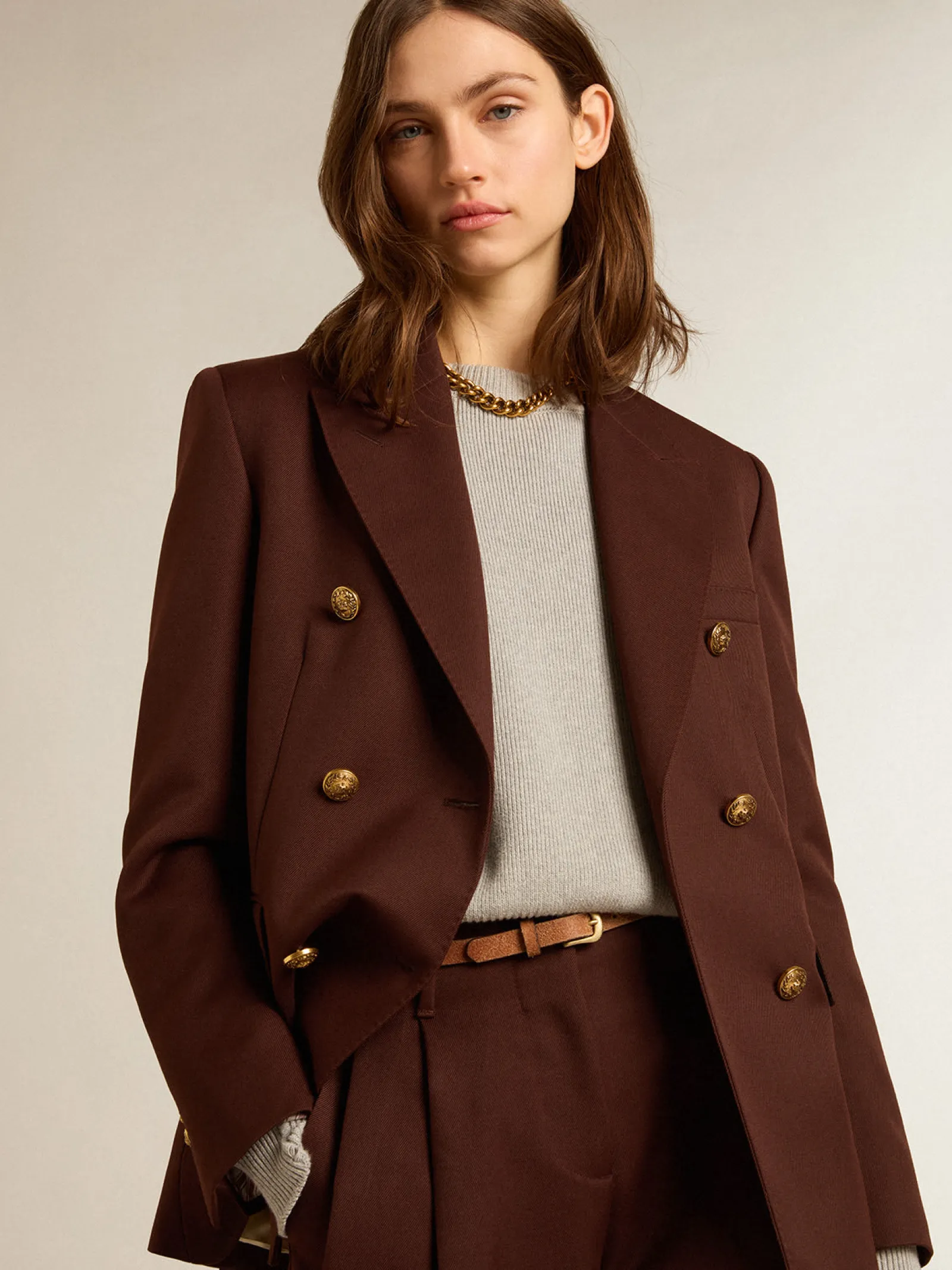Clearance Golden Goose Blazer feminino de abotoamento duplo de gabardine de lã cor café Cor: chicory coffee