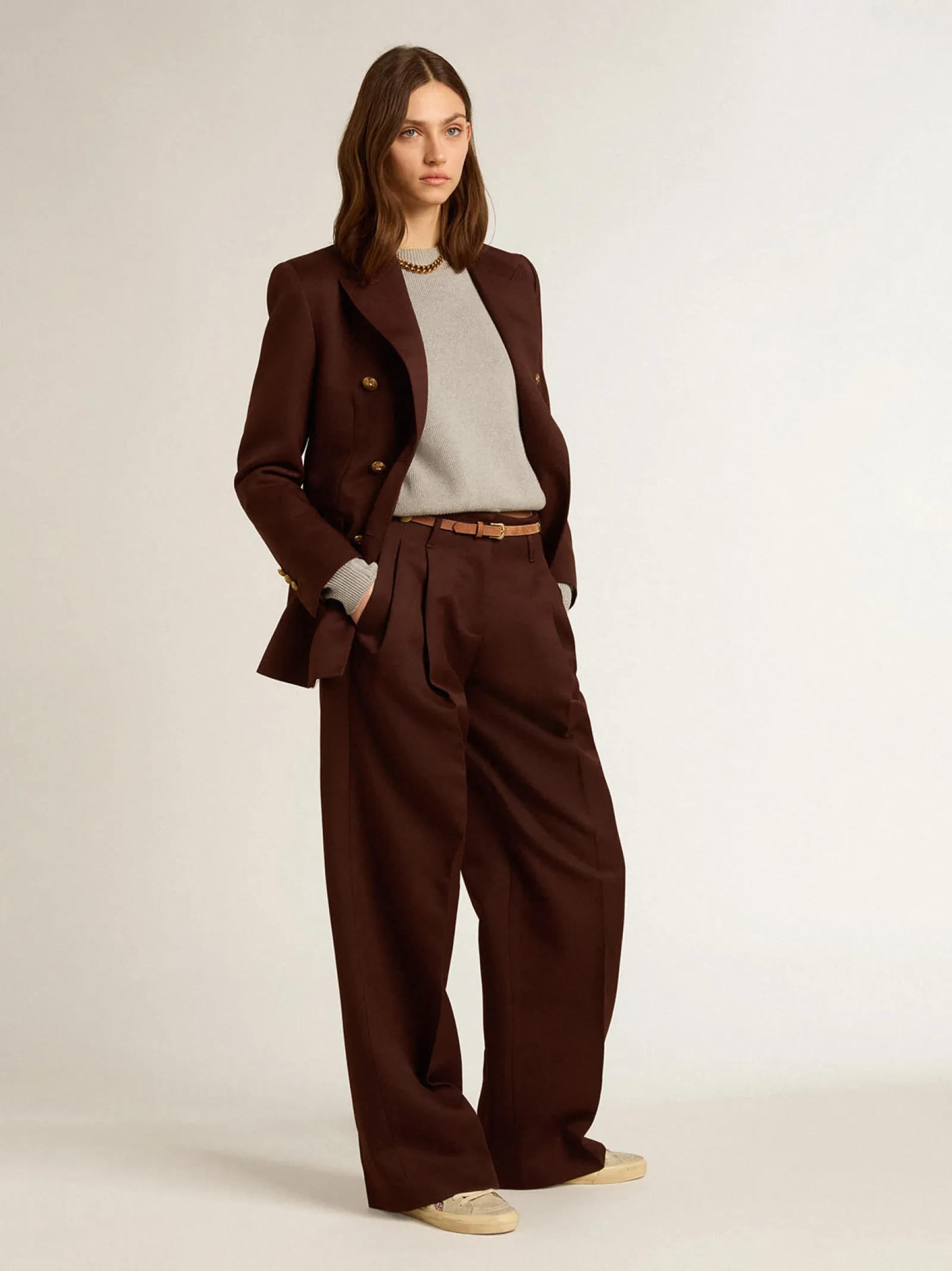Clearance Golden Goose Blazer feminino de abotoamento duplo de gabardine de lã cor café Cor: chicory coffee