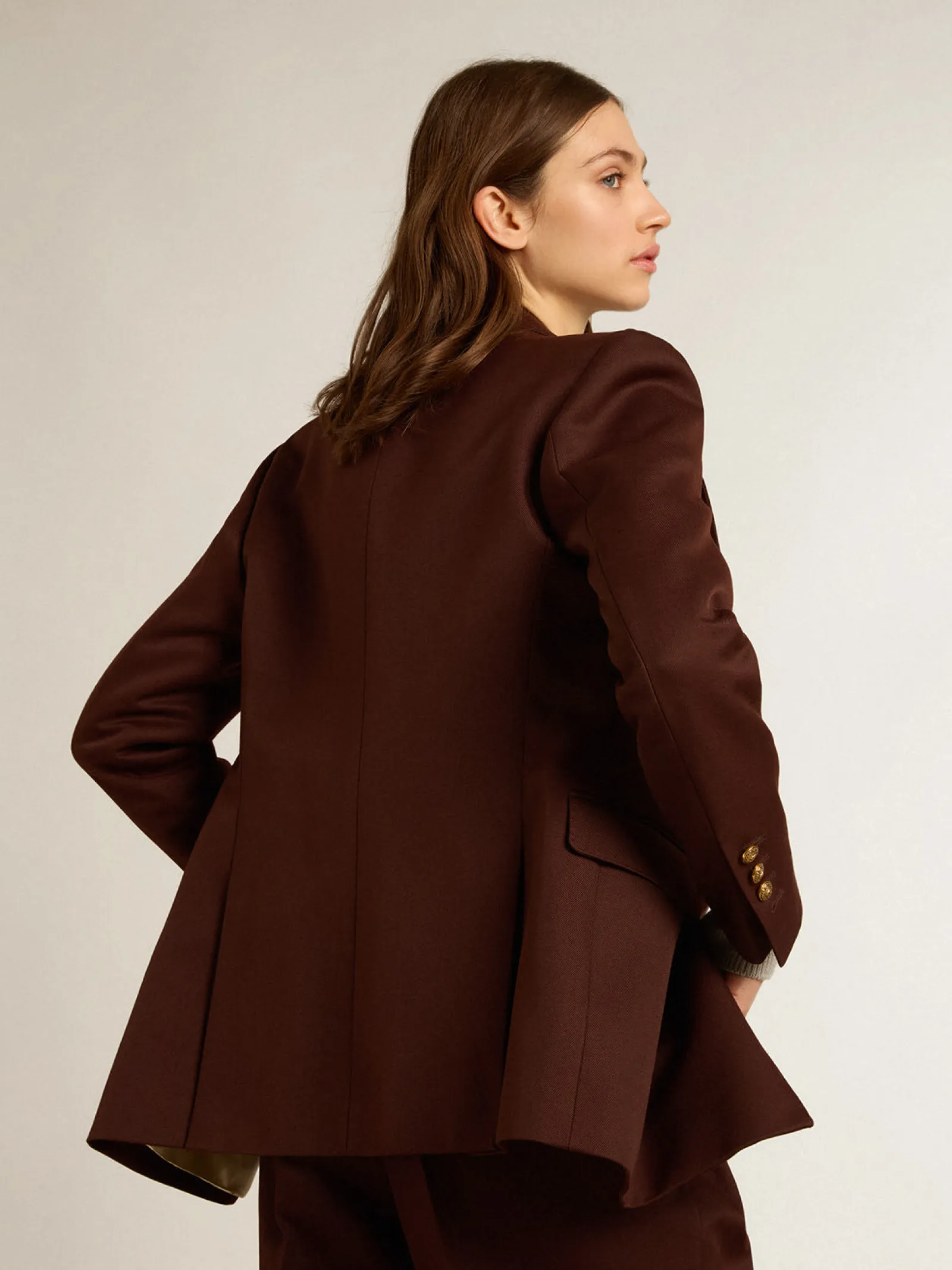 Clearance Golden Goose Blazer feminino de abotoamento duplo de gabardine de lã cor café Cor: chicory coffee