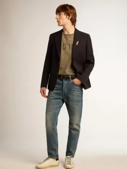Outlet Golden Goose Blazer masculino de abotoamento simples de gabardine de lã azul-escuro Golden Collection