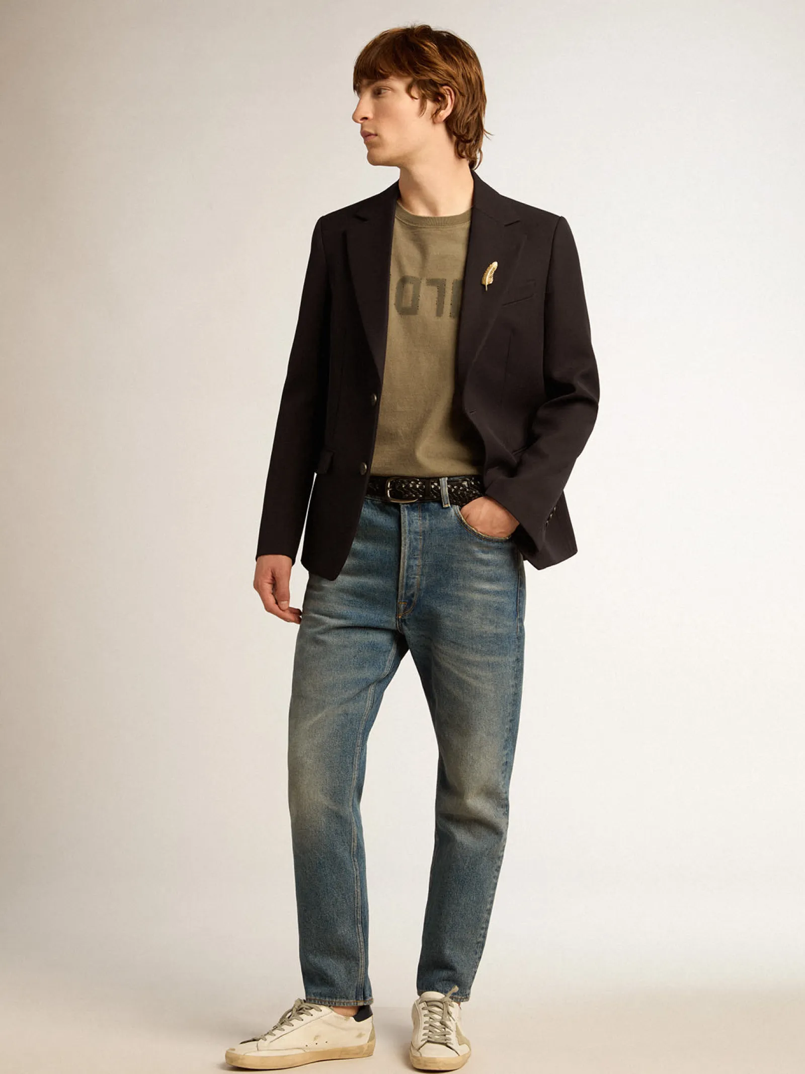 Outlet Golden Goose Blazer masculino de abotoamento simples de gabardine de lã azul-escuro Golden Collection