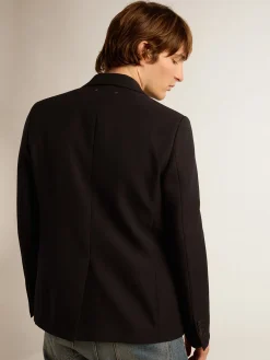 Outlet Golden Goose Blazer masculino de abotoamento simples de gabardine de lã azul-escuro Golden Collection