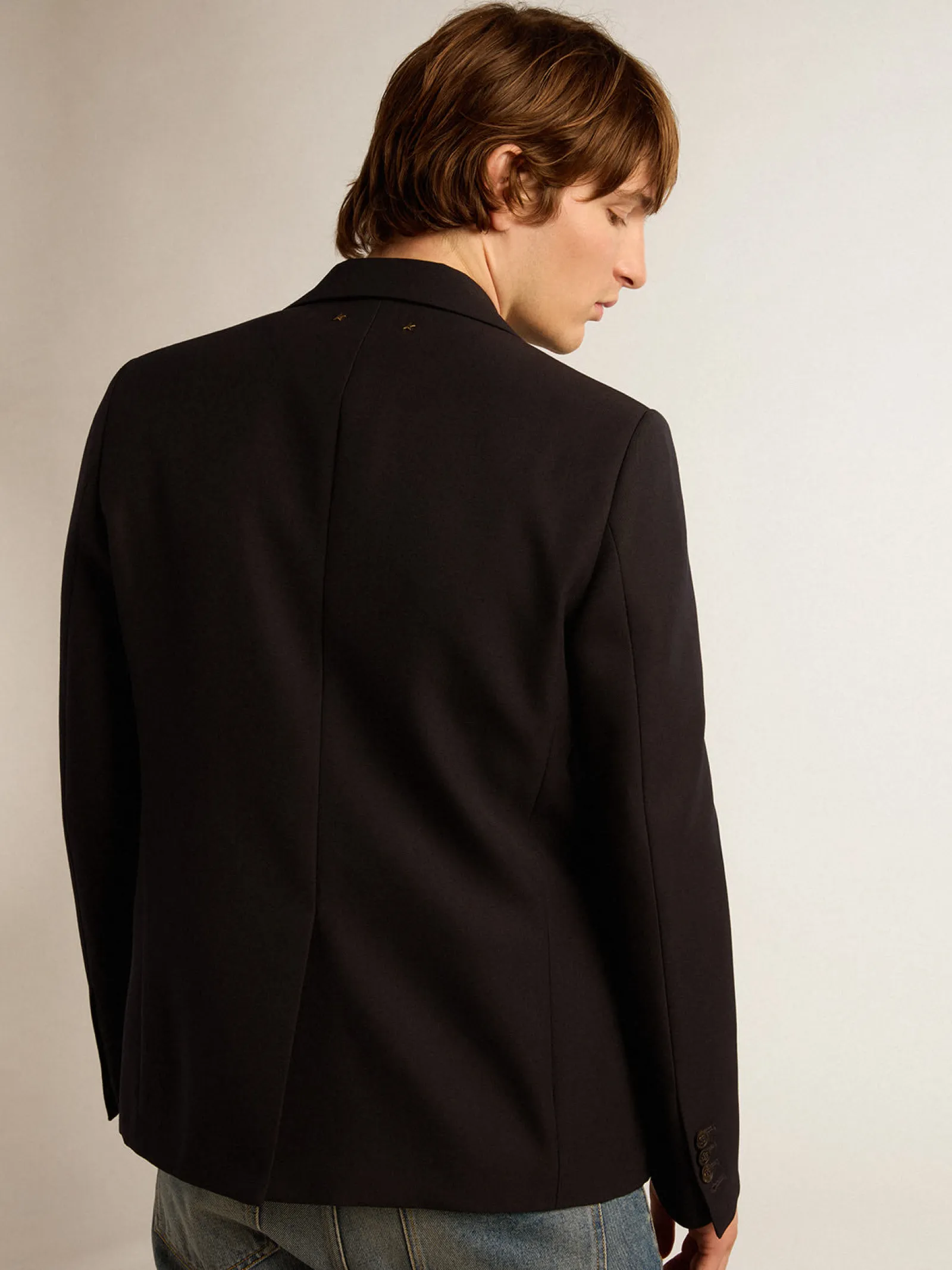 Outlet Golden Goose Blazer masculino de abotoamento simples de gabardine de lã azul-escuro Golden Collection