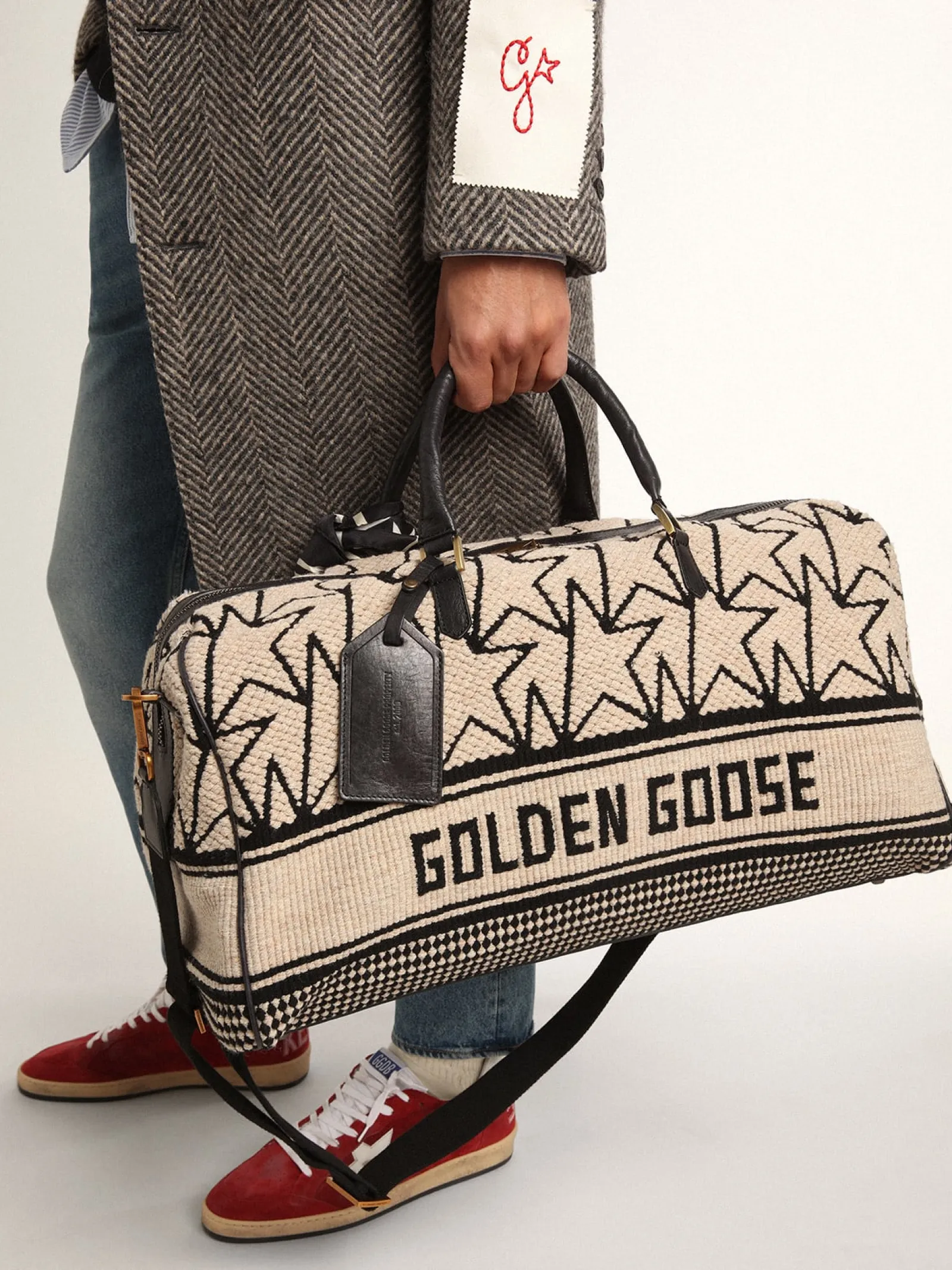 Sale Golden Goose Bolsa de viagem masculina de lã jacquard branco-leite e escrita preta Cor: branco leite