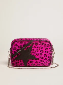 Best Sale Golden Goose Bolsa Mini Star de couro cavalinho com estampa de leopardo fúcsia e estrela de couro preta Cor: preto e fúcsia