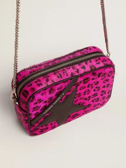 Best Sale Golden Goose Bolsa Mini Star de couro cavalinho com estampa de leopardo fúcsia e estrela de couro preta Cor: preto e fúcsia
