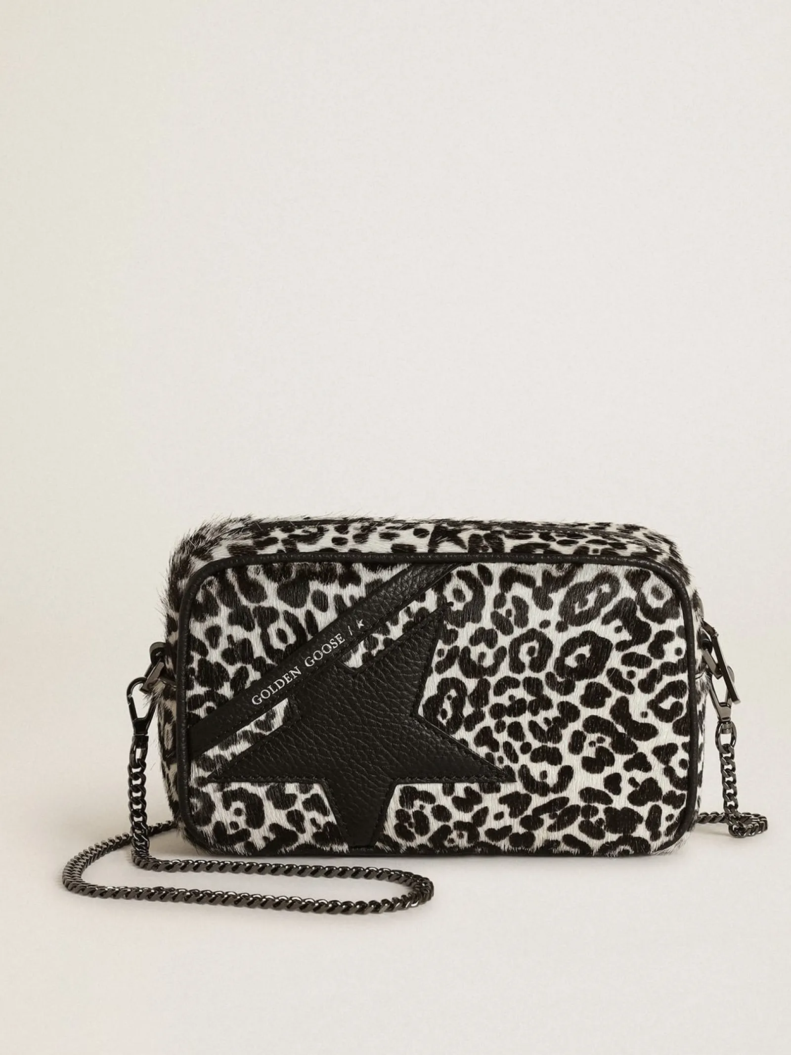 Clearance Golden Goose Bolsa Mini Star feminina de couro cavalinho leopardo preto e branco Cor: branco e preto