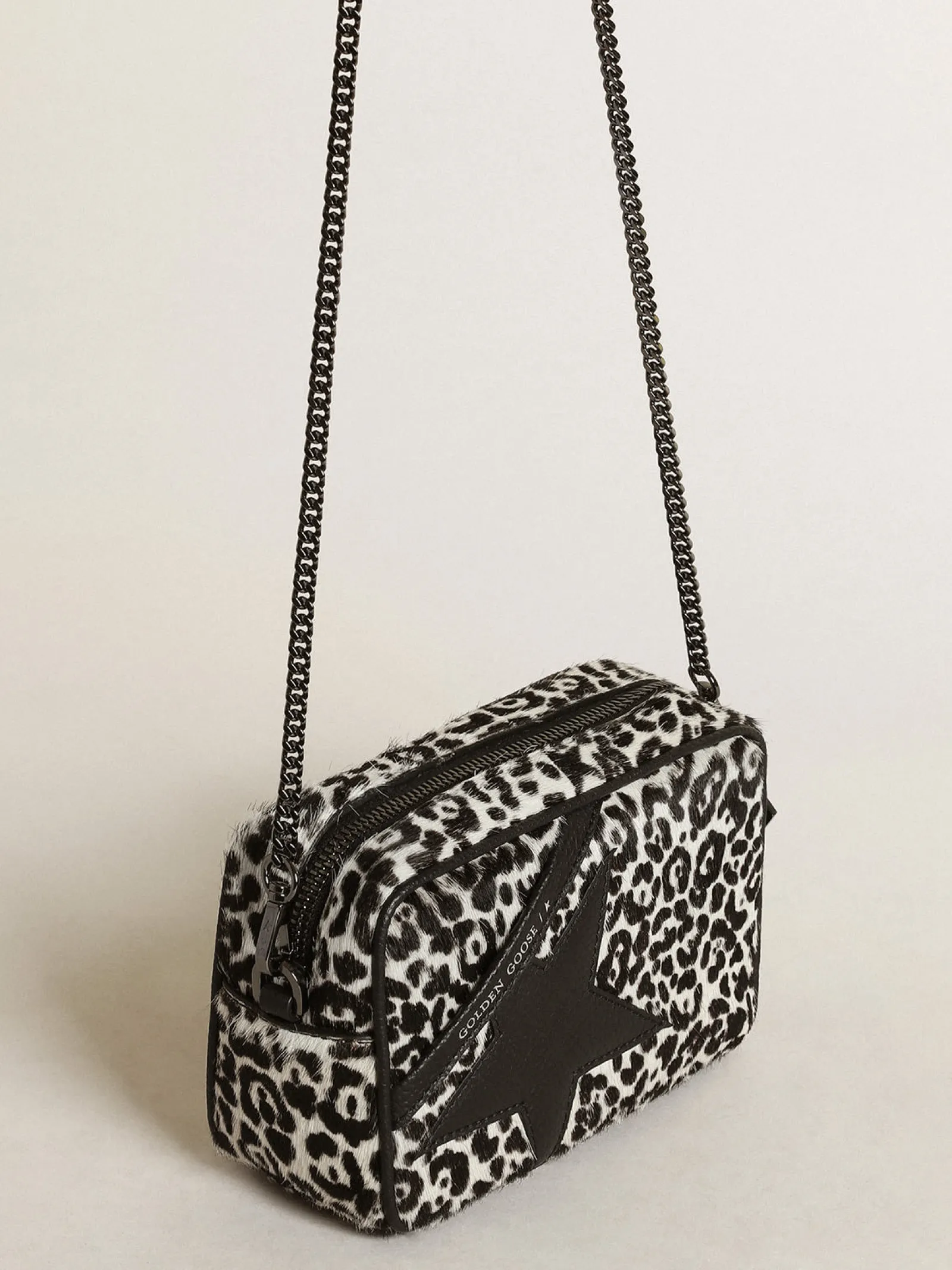 Clearance Golden Goose Bolsa Mini Star feminina de couro cavalinho leopardo preto e branco Cor: branco e preto