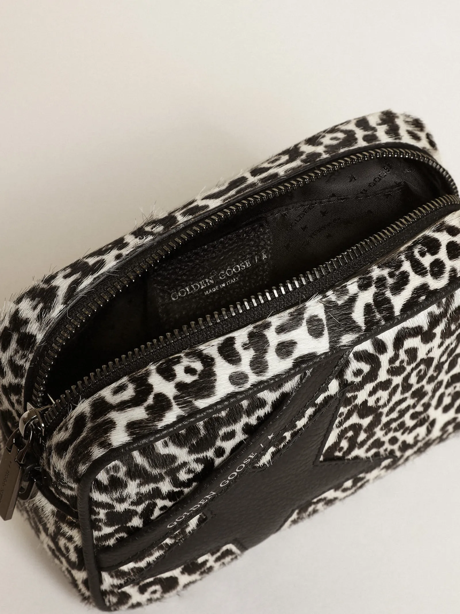 Clearance Golden Goose Bolsa Mini Star feminina de couro cavalinho leopardo preto e branco Cor: branco e preto