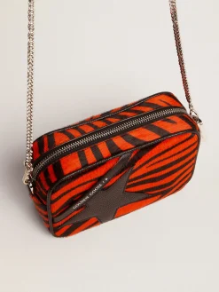 Discount Golden Goose Bolsa Mini Star feminina de couro cavalinho tigre laranja com estrela preta Cor: preto e laranja