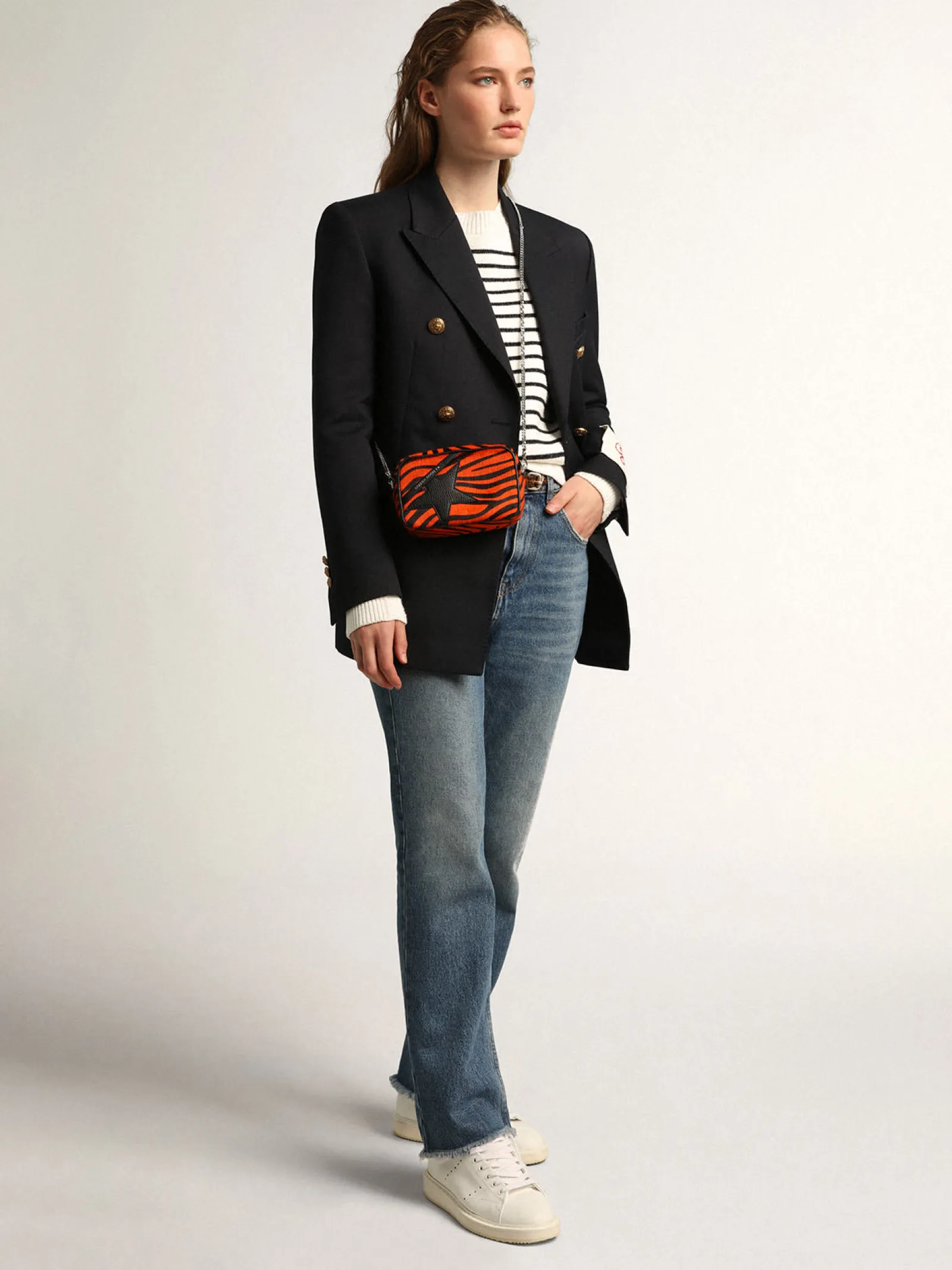 Discount Golden Goose Bolsa Mini Star feminina de couro cavalinho tigre laranja com estrela preta Cor: preto e laranja