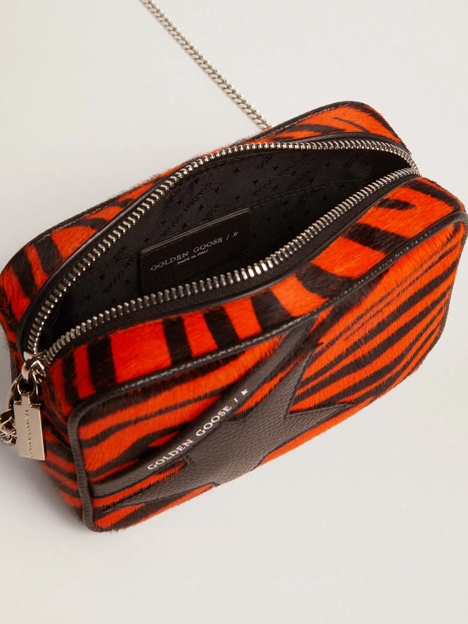 Discount Golden Goose Bolsa Mini Star feminina de couro cavalinho tigre laranja com estrela preta Cor: preto e laranja