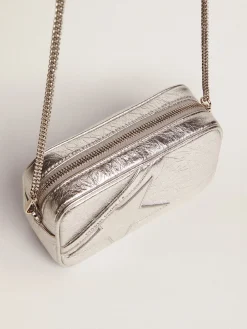 Fashion Golden Goose Bolsa Mini Star feminina de couro metálico prateado com estrela tom sobre tom Cor: prateada