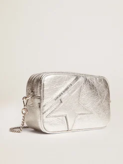 Fashion Golden Goose Bolsa Mini Star feminina de couro metálico prateado com estrela tom sobre tom Cor: prateada
