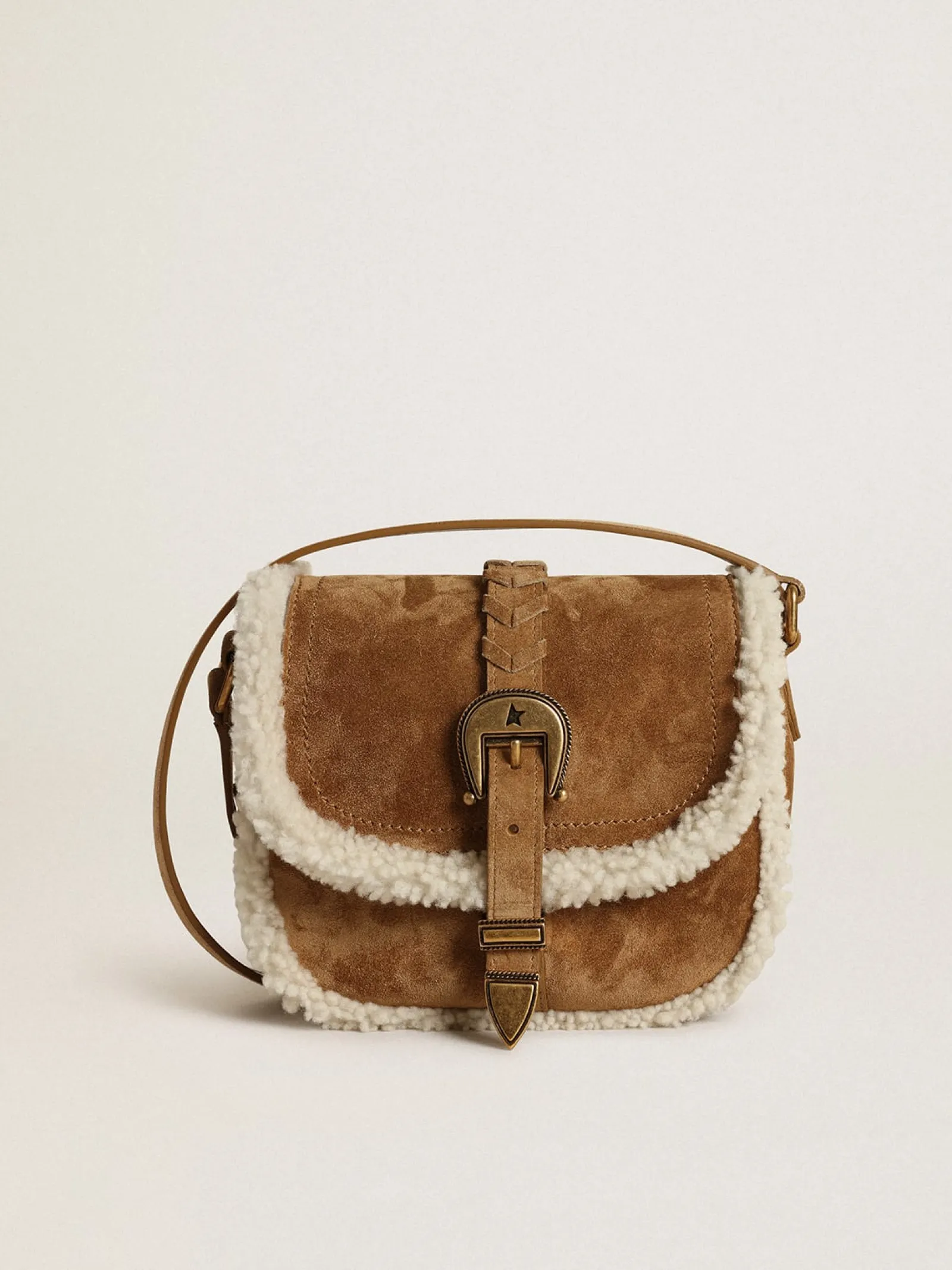 Flash Sale Golden Goose Bolsa Rodeo feminina de suede com detalhes de shearling Cor: marrom