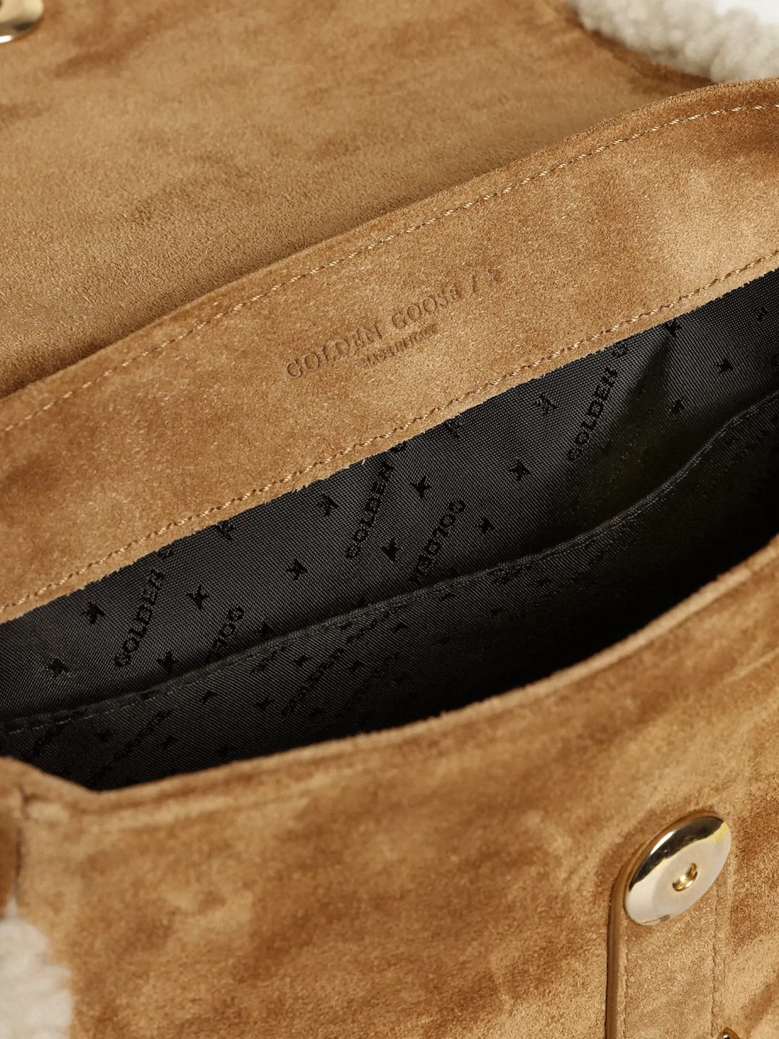 Flash Sale Golden Goose Bolsa Rodeo feminina de suede com detalhes de shearling Cor: marrom