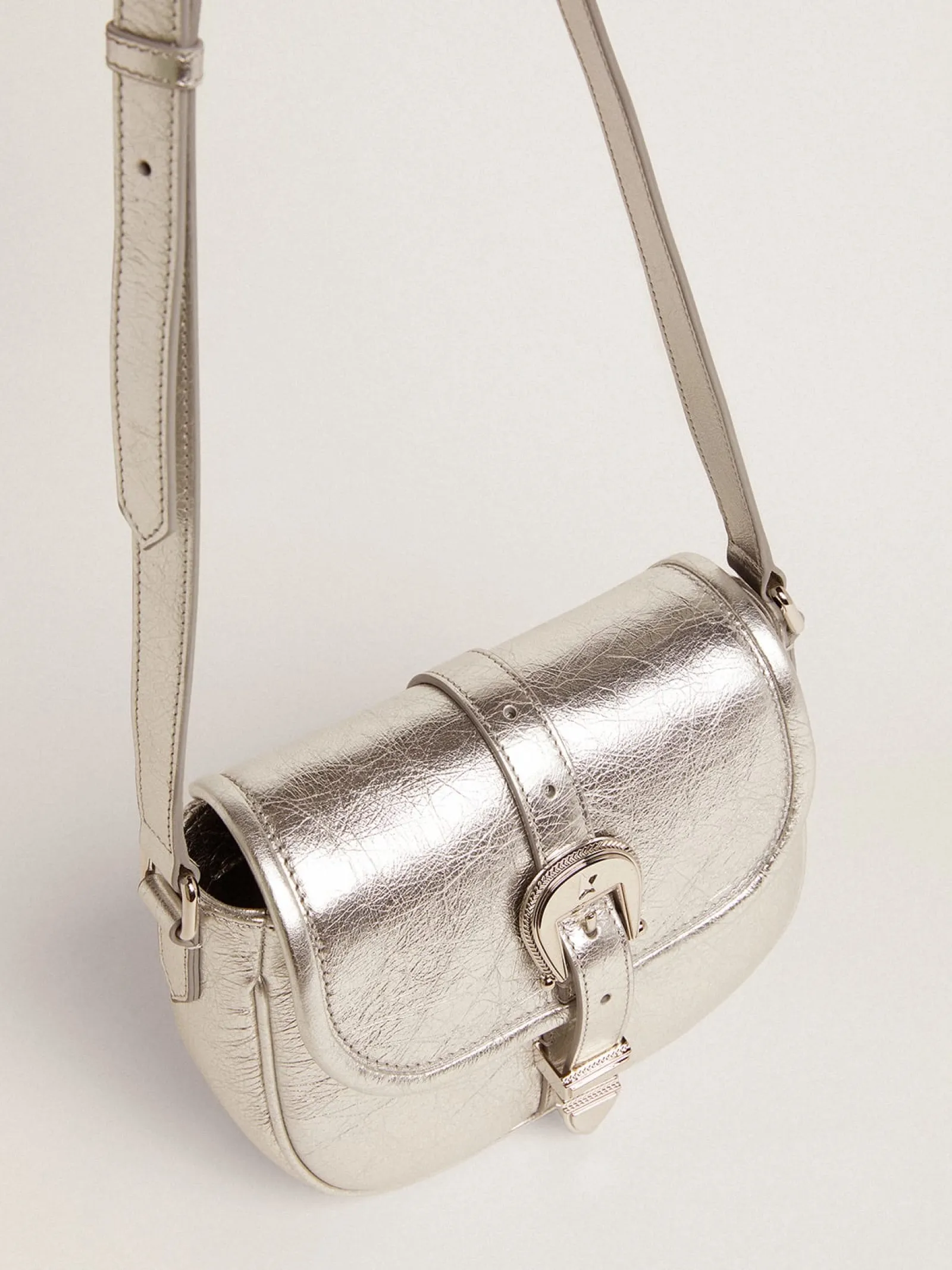 Best Golden Goose Bolsa Rodeo feminina pequena de couro metálico prateado Cor: prata