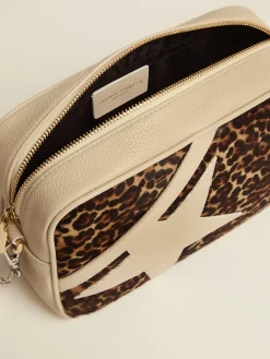 Fashion Golden Goose Bolsa Star branco leite com inserção de couro cavalinho com estampa de leopardo Material principal: 100% couro bovino