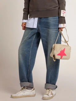Flash Sale Golden Goose Bolsa Star branco leite de couro martelado, estrela fúcsia com glitter iridescente Couro martelado branco leite