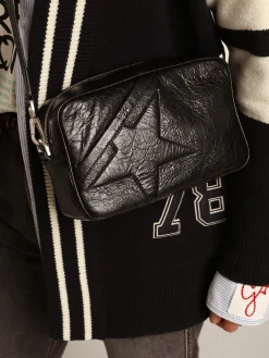 New Golden Goose Bolsa Star feminina de couro brilhante preto com estrela tom sobre tom Cor: preto