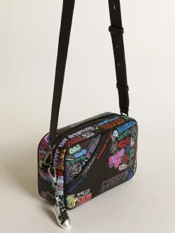 Discount Golden Goose Bolsa Star feminina de couro martelado preto com estampa multicolorida Cor: preto