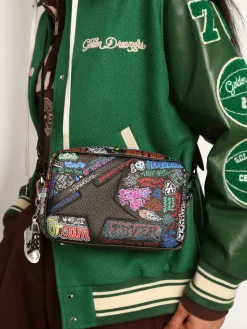 Discount Golden Goose Bolsa Star feminina de couro martelado preto com estampa multicolorida Cor: preto