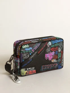 Discount Golden Goose Bolsa Star feminina de couro martelado preto com estampa multicolorida Cor: preto
