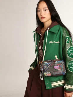 Discount Golden Goose Bolsa Star feminina de couro martelado preto com estampa multicolorida Cor: preto