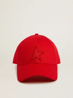 Outlet Golden Goose Boné de algodão vermelho com recorte em forma de estrela tom sobre tom na frente Cor: vermelho