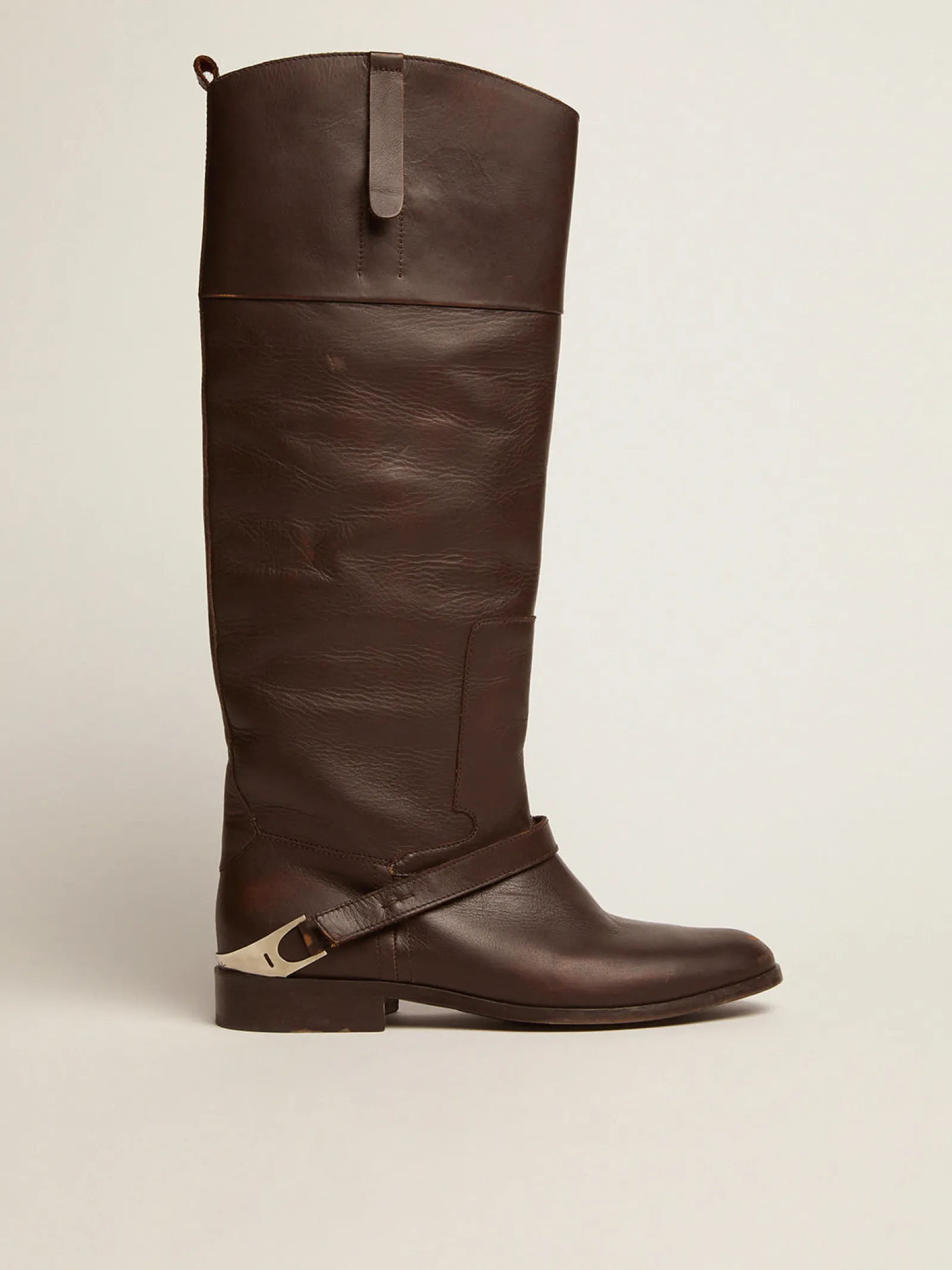 Online Golden Goose Bota Charlie feminina de couro marrom escuro e braçadeira no salto Cor: marrom escuro