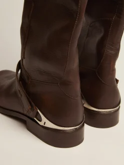 Online Golden Goose Bota Charlie feminina de couro marrom escuro e braçadeira no salto Cor: marrom escuro
