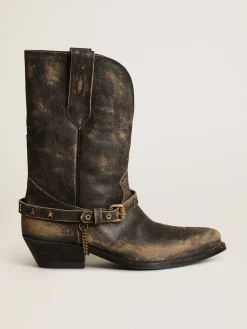 Cheap Golden Goose Bota de cano baixo feminina de couro preto brilhante com corrente Cor: preto e bege com efeito desgastado