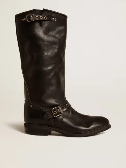 Flash Sale Golden Goose Botas Biker de cano alto de couro preto com tachas e fivelas prateadas Cor: preto