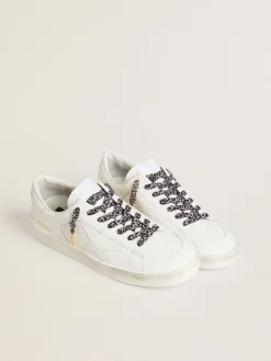 Store Golden Goose Cadarços salpicados em branco e preto com logo dourado em contraste Cor: branco e preto