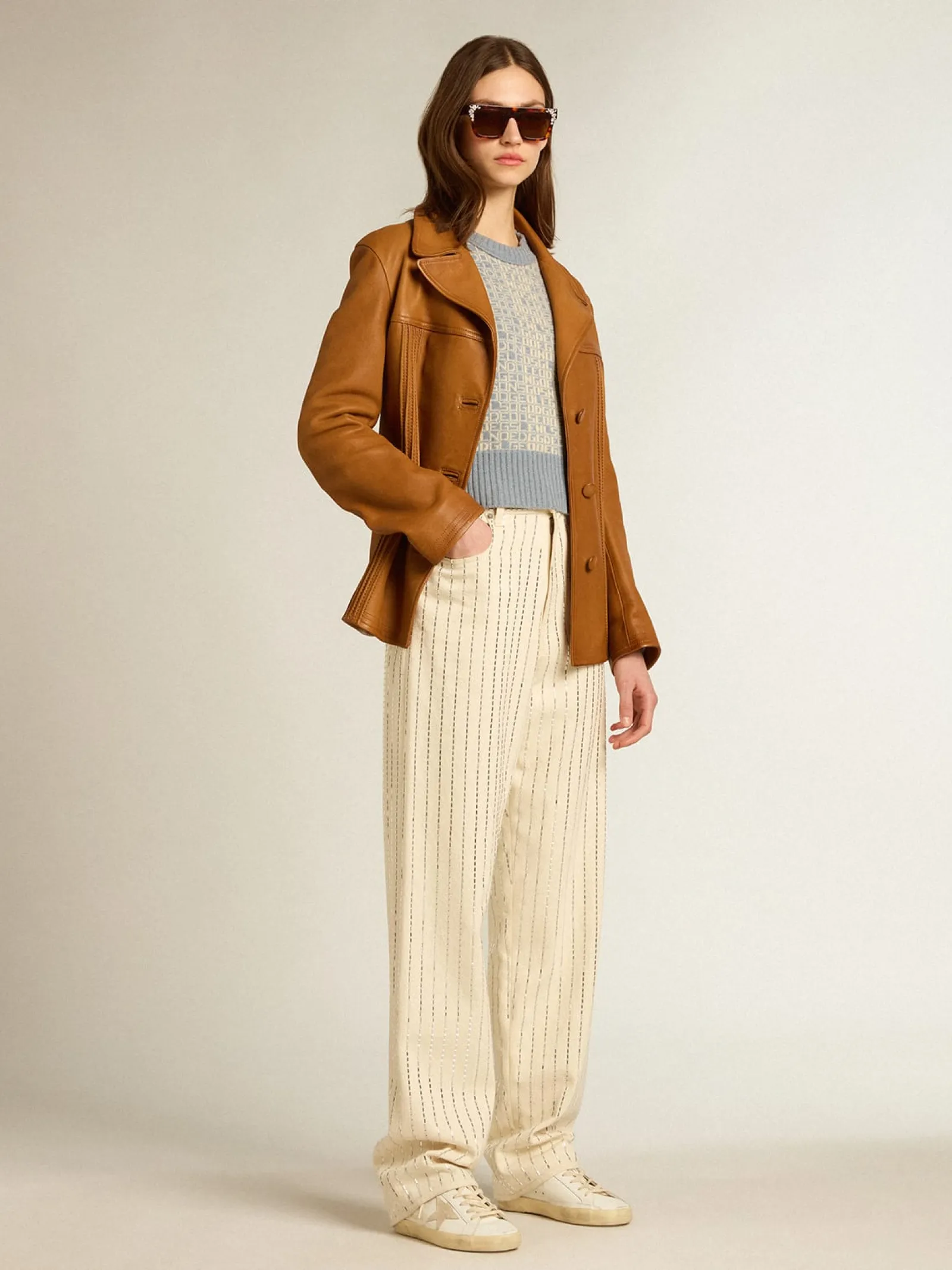 Online Golden Goose Calça branca com tachas tipo baguete aplicadas Coleção Journey