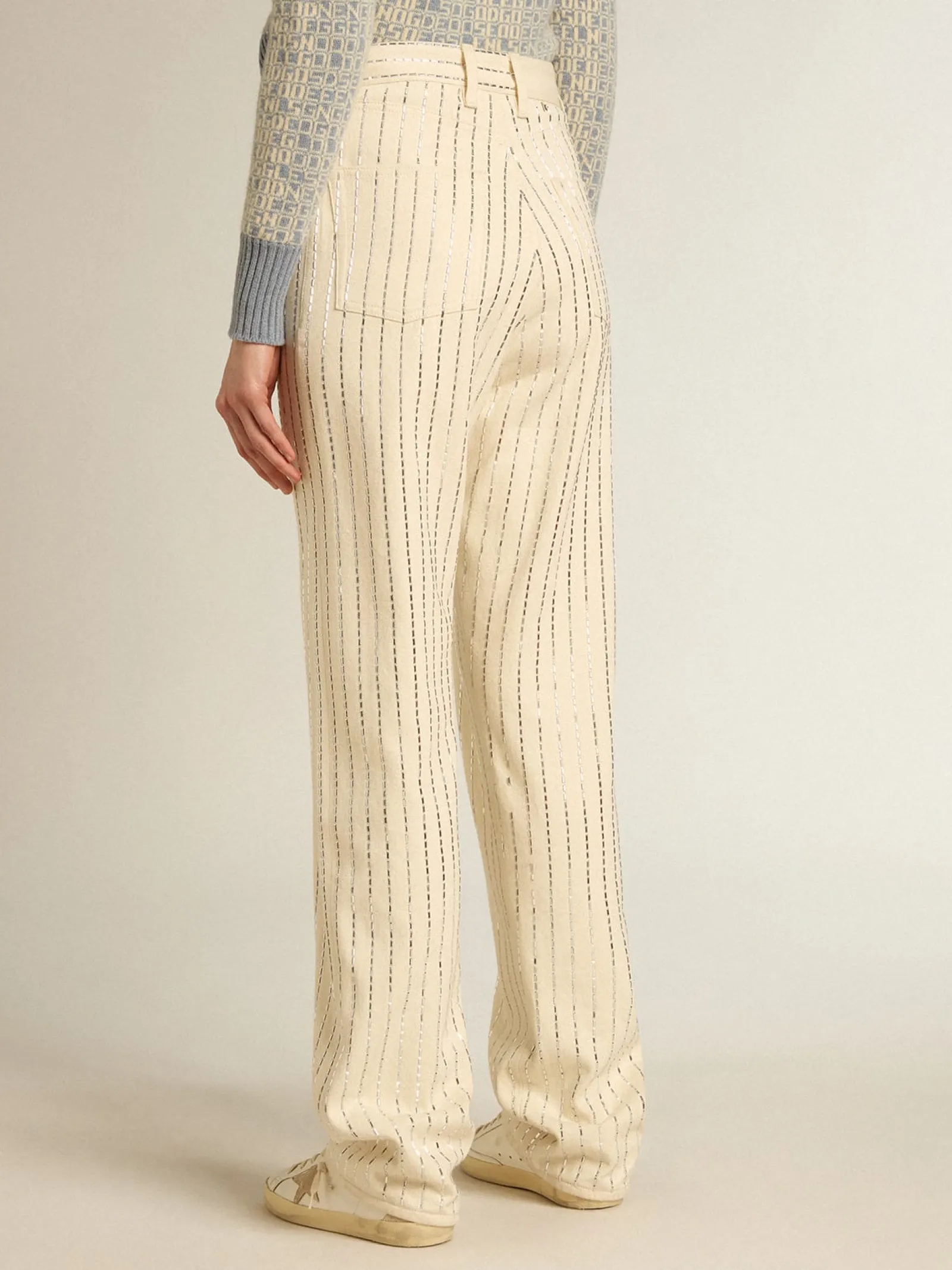 Online Golden Goose Calça branca com tachas tipo baguete aplicadas Coleção Journey